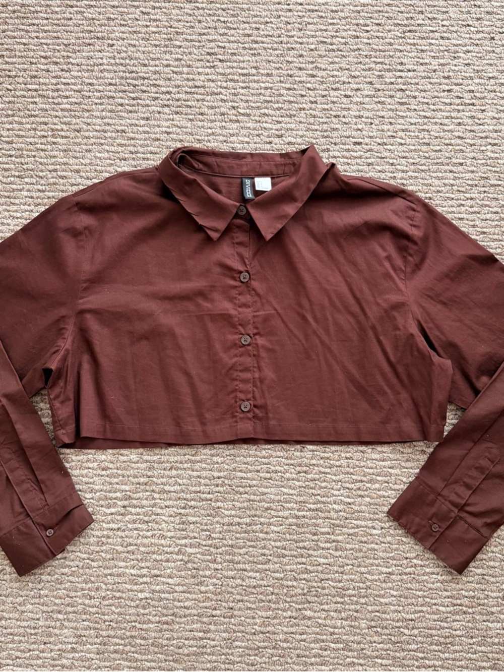 Cropped Button Long Sleeve Shirt - Brown
